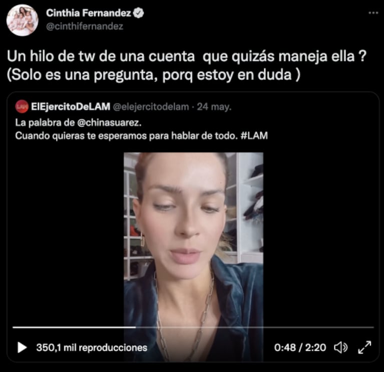 Cinthia Fernández lanzó una picante pregunta sobre el descargo de China Suárez: "Estoy en duda"