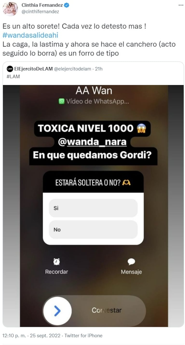 Cinthia Fernández le mandó un contundente mensaje a Wanda Nara contra Mauro Icardi por exponer sus chats