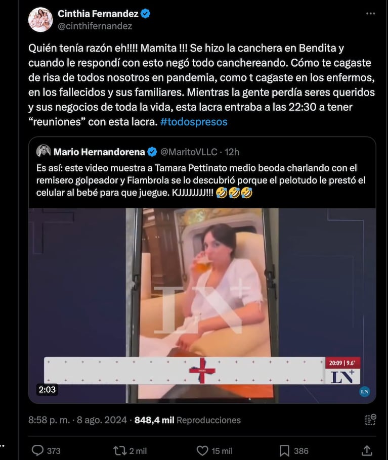 Cinthia Fernández liquidó a Tamara Pettinato. 