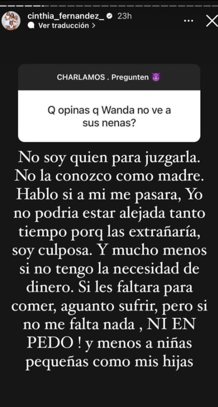 Cinthia Fernández opinó sobre la decisión de Wanda Nara de trabajar en Argentina mientras sus hijas siguen en Turquía