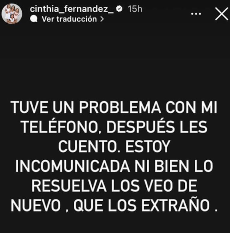 Cinthia Fernández preocupó a sus fans al contar por qué se ausentó en las redes: “Estoy incomunicada”