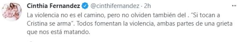 Cinthia Fernández respaldó a Amalia Granata tras sus tweets sobre el ataque a Cristina Kirchner