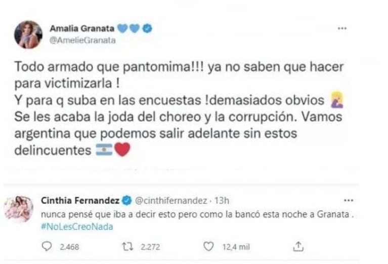 Cinthia Fernández respaldó a Amalia Granata tras sus tweets sobre el ataque a Cristina Kirchner