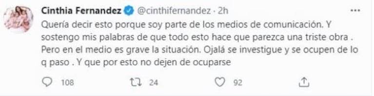 Cinthia Fernández respaldó a Amalia Granata tras sus tweets sobre el ataque a Cristina Kirchner