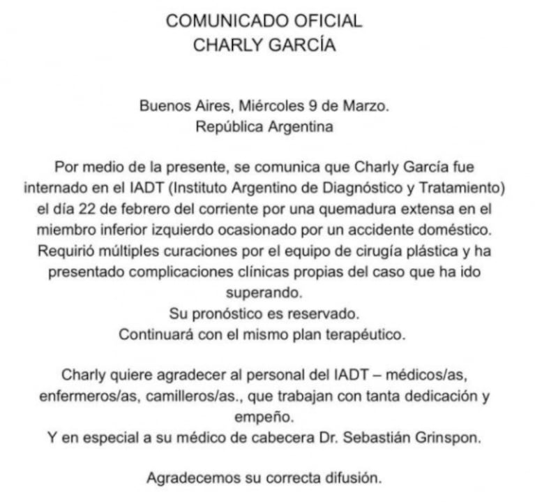 Comunicado oficial sobre la salud de Charly García, internado hace dos semanas: "Sufrió una quemadura extensa"