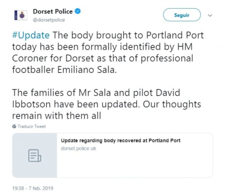 Confirman que el cuerpo encontrado en el avión es de Emiliano Sala