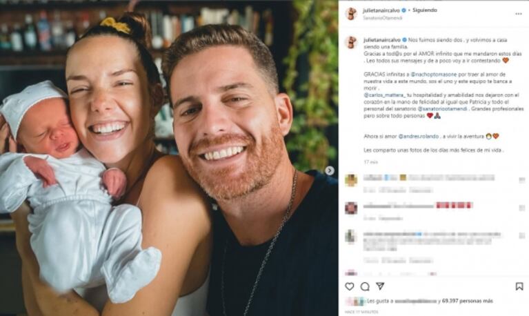 Conmovedor posteo de Julieta Nair Calvo tras regresar a su casa junto a su pareja y su bebé recién nacido: "Comparto unas fotos de los días más felices de mi vida"