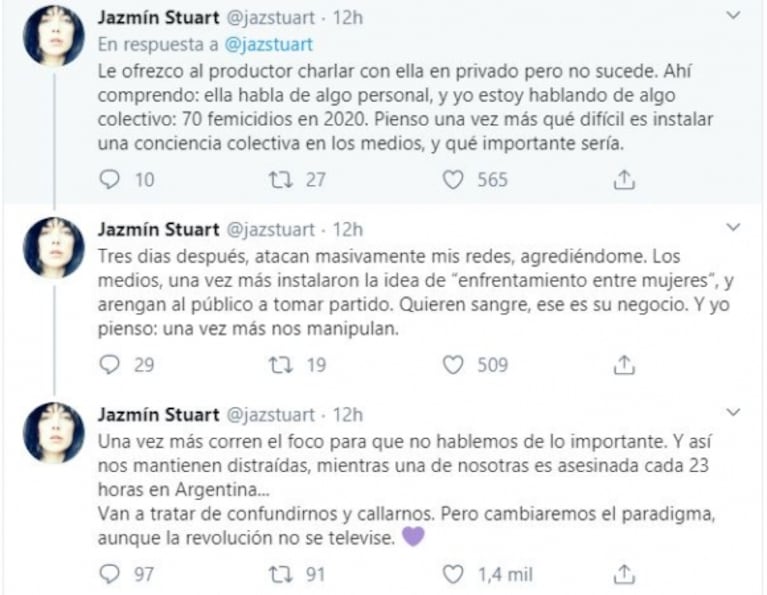 Contundente descargo de Jazmín Stuart tras el tenso cruce con Sol Pérez: "Quieren sangre, ese es su negocio"