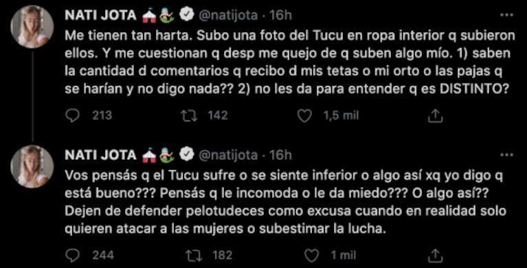 Contundente descargo de Nati Jota por haber subido fotos de Tucu Correa sin ropa: "Me tienen tan harta"