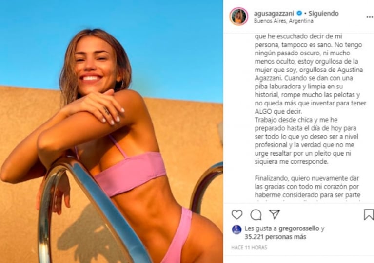 Contundente mensaje de Agustina Agazzani tras bajarse del Bailando: "Se me ataca hasta con calumnias"