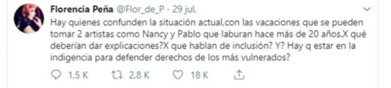 Contundentes "likes" de Pablo Echarri tras las críticas por sus vacaciones en Mallorca junto a Nancy Dupláa