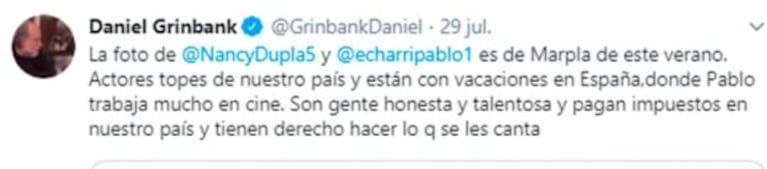 Contundentes "likes" de Pablo Echarri tras las críticas por sus vacaciones en Mallorca junto a Nancy Dupláa