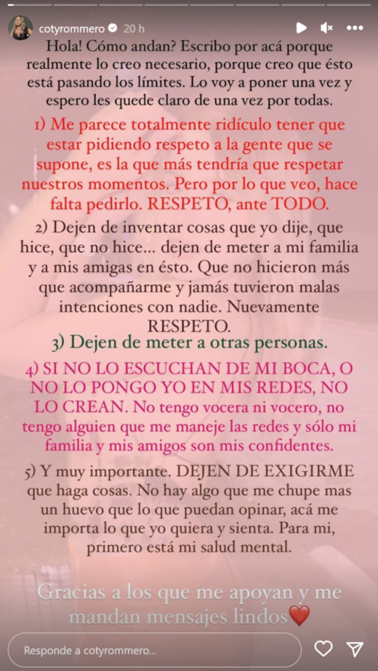 Coti Romero hizo un fuerte descargo en redes y pidió respeto: "Esto se está pasando de los límites"