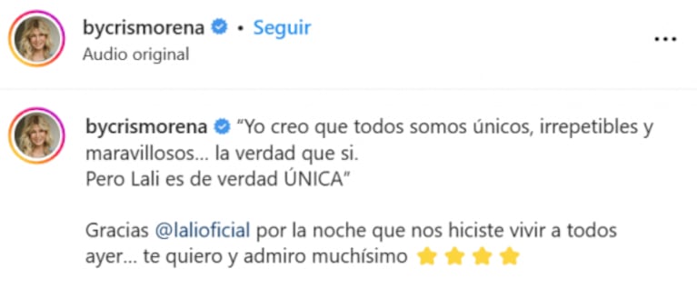 Cris Morena le dedicó a Lali Espósito un emotivo mensaje tras su espectacular show en Vélez