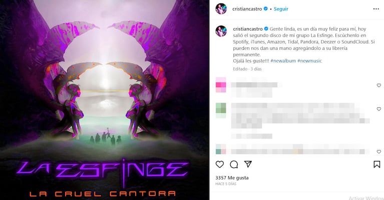 Cristian Castro y su banda de rock La esfinge presentan su nuevo álbum: dónde y cuándo será la cita