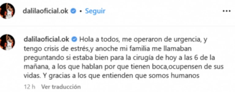 Dalila habló de su mal momento de salud: "Me operaron de urgencia y tengo una crisis de estrés"