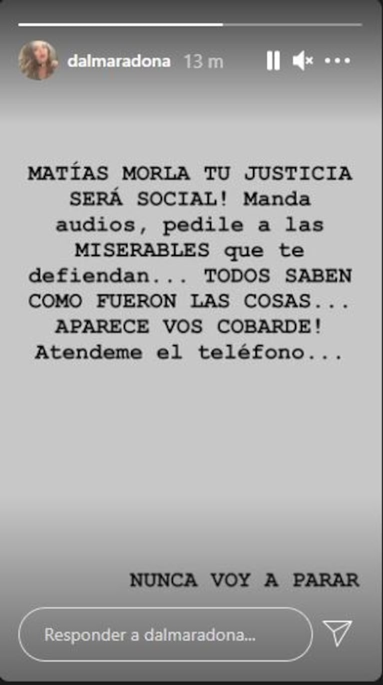 Dalma 'apuró' fuerte a Morla y apuntó sin filtro ¿a las hermanas de Diego?: "Pedile a las miserables que te defiendan; ¡Aparecé vos, cobarde!"