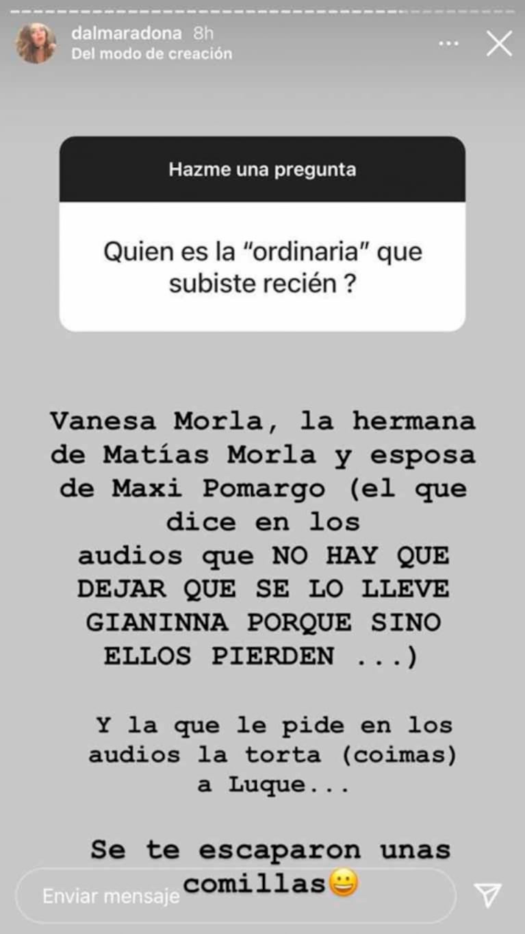 Dalma Maradona apuntó contra cada uno de los polémicos integrantes del entorno de Diego Maradona: "Les deseo lo que le hicieron a mi papá"