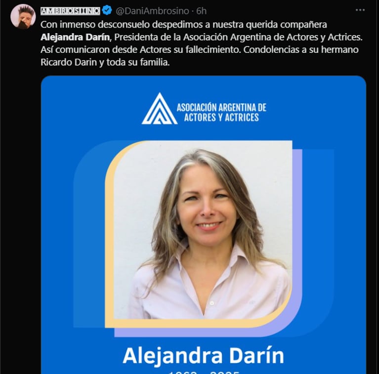 Daniel Ambrosino despidió a Alejandra Darín (Foto: captura de X).