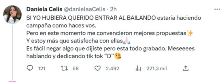 Daniela Celis cruzó re picante a Coti Romero en Twitter: "Es fácil negar lo que dijiste, pero está grabado" 