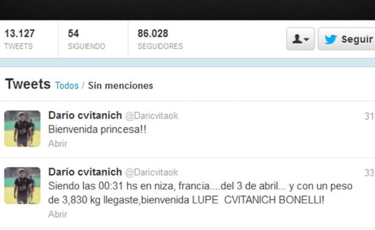 Darío Cvitanich anunció el nacimiento de su hija en Twitter.