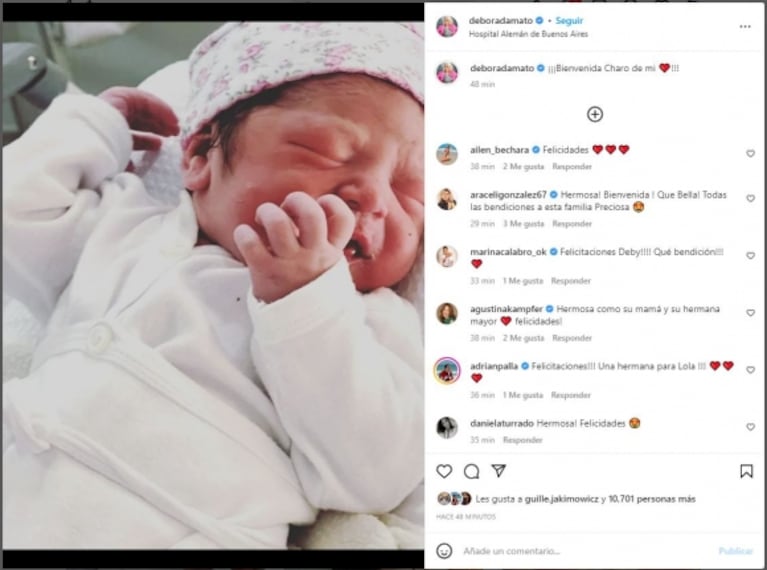 Débora D'Amato fue madre por segunda vez y presentó a su hija con una tierna foto: "Bienvenida, Charo de mi vida"