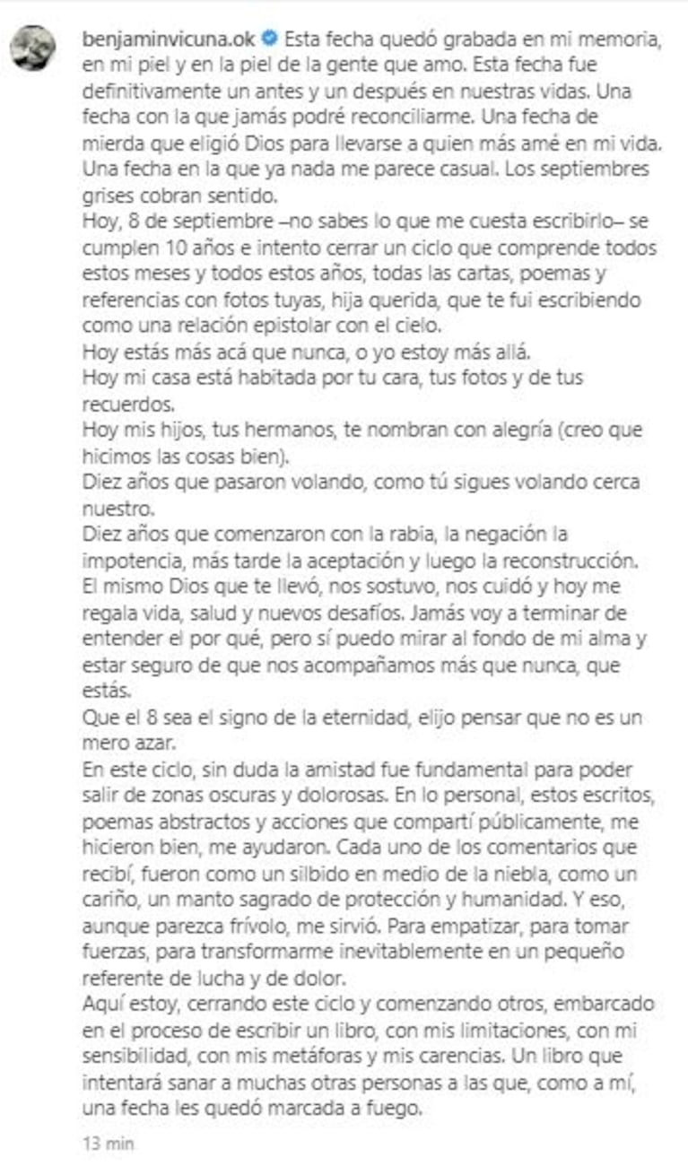 Desgarrador posteo de Benjamín Vicuña a diez años de la muerte de Blanca: "Una fecha que Dios eligió para llevarse a quien más amé en mi vida"