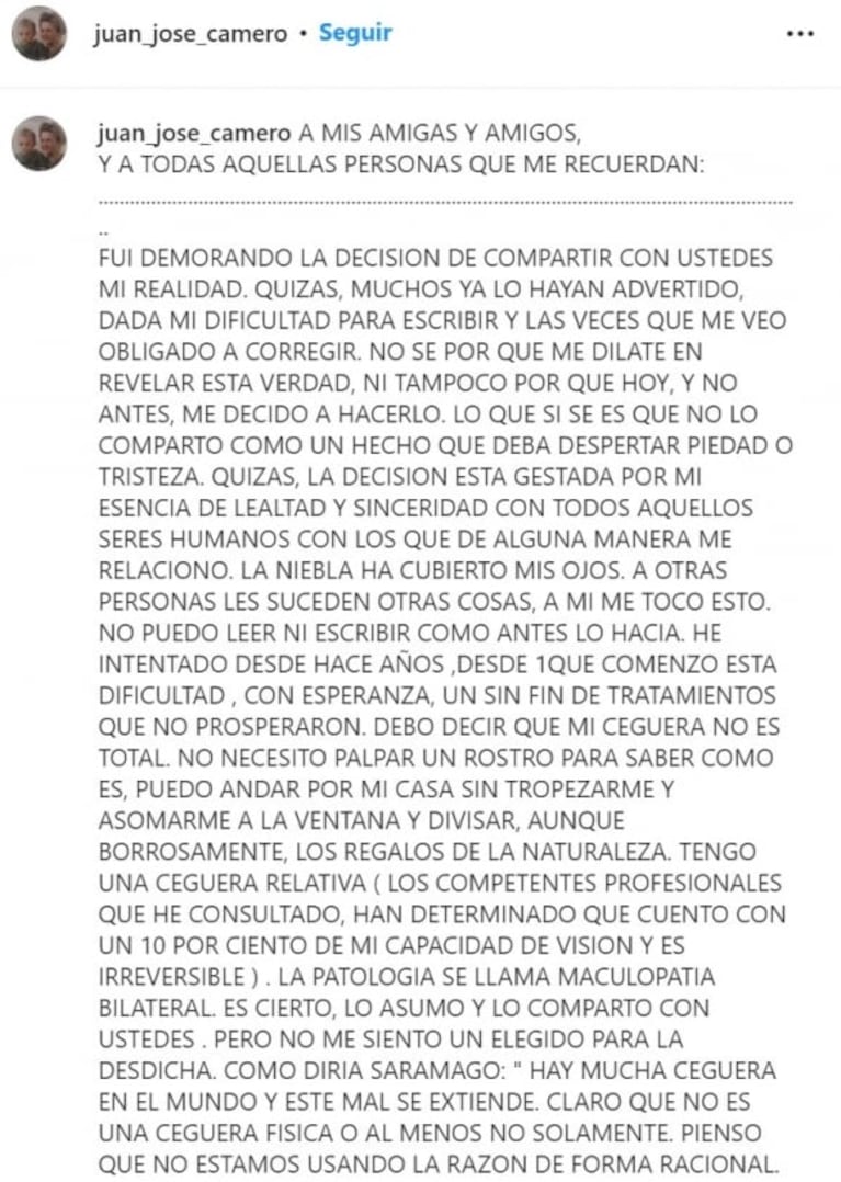 Desgarrador relato: Juan José Camero reveló que se está por quedar ciego