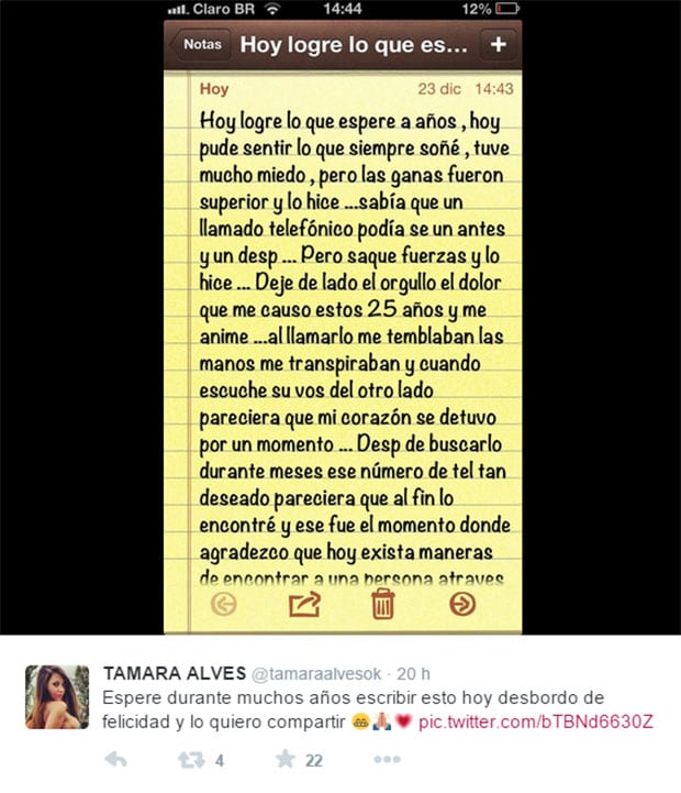 Después de 25 años, Tamara Alves habló con su padre: "Cuando escuché su voz, mi corazón se detuvo por un momento" (Foto: Twitter)