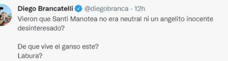 Diego Brancatelli criticó con todo a Santi Maratea: "¿De qué vive el ganso este?" 