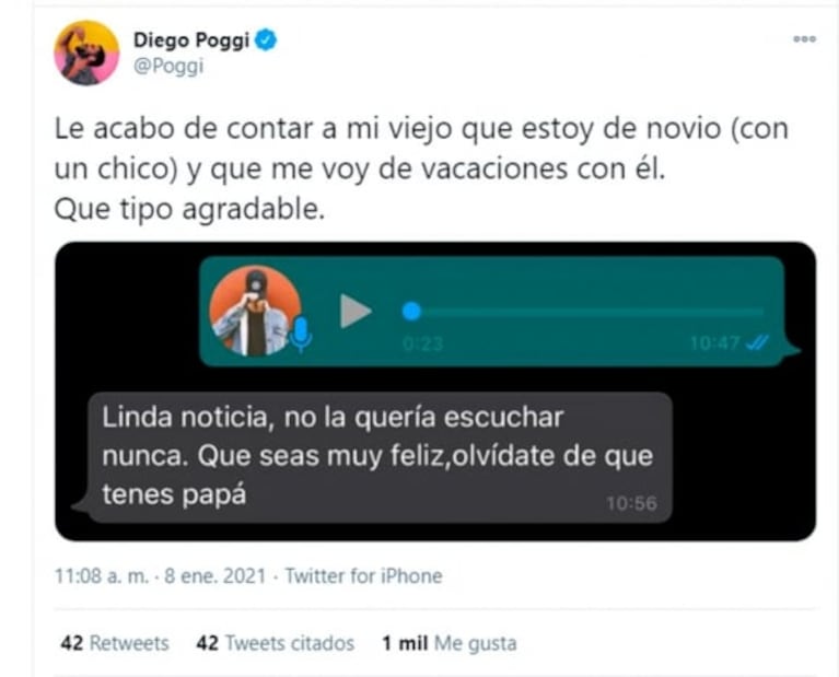 Diego Poggi publicó el hiriente chat con su padre cuando le contó que está de novio con un hombre: "Olvidate de que tenés papá"