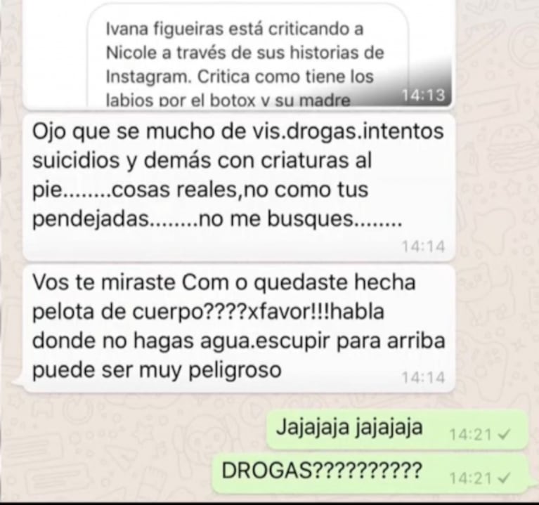 Difunden escandalosos chats de Nicole Neumann contra Ivana Figueiras