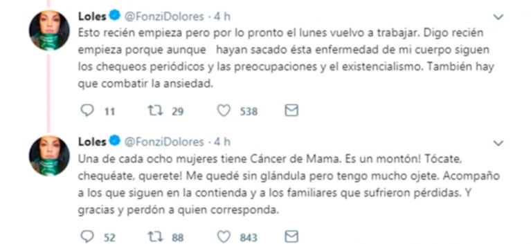 Dolores Fonzi contó que le detectaron cáncer de mama: "Me declararon curada tras someterme a una mastectomía"