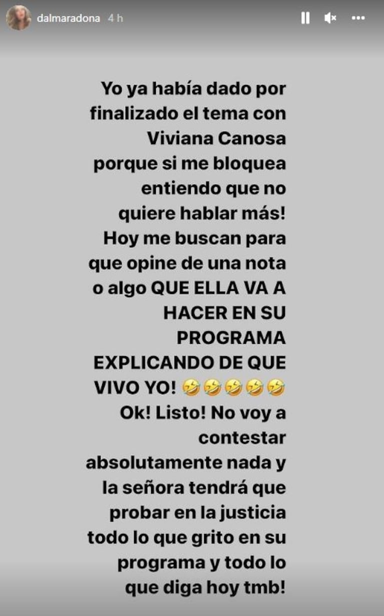 Dura advertencia de Dalma Maradona a Viviana Canosa para que no hable de ella en TV: "El tema queda en manos de la Justicia"