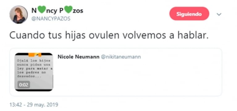 Dura réplica de Nancy Pazos a Nicole Neumann por la legalización del aborto