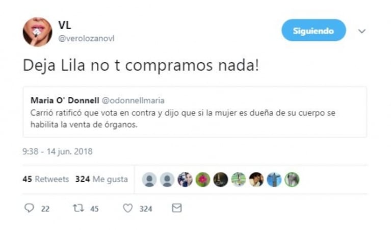 Durísimos tweets de Vero Lozano contra Elisa Carrió en el debate por el aborto legal: "Das pena, sos el mal"