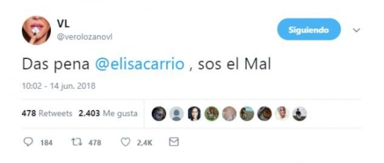 Durísimos tweets de Vero Lozano contra Elisa Carrió en el debate por el aborto legal: "Das pena, sos el mal"