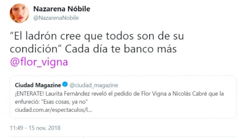 Duro palito de Nazarena Nóbile a Laurita Fernández: "El ladrón cree que son todos de su condición"