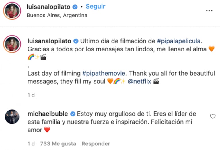 El apasionado mensaje de Michael Bublé para Luisana Lopilato por el último día de grabación de su peli: "Estoy muy orgulloso de vos"