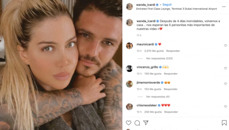 El apasionado mensaje de Wanda Nara a Mauro Icardi antes de su regreso a París: "Después de cuatro días inolvidables"