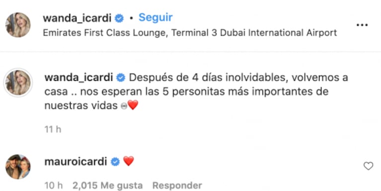 El apasionado mensaje de Wanda Nara a Mauro Icardi antes de su regreso a París: "Después de cuatro días inolvidables"