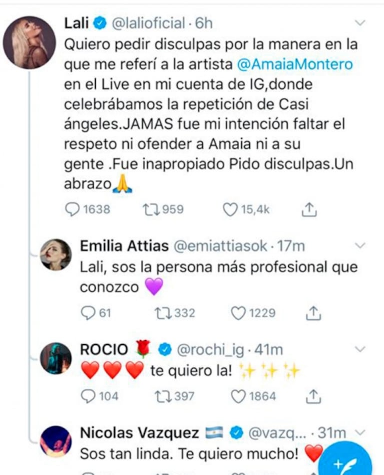 El apoyo de los ex Casi Ángeles a Lali Espósito en medio del escándalo con Amaia Montero