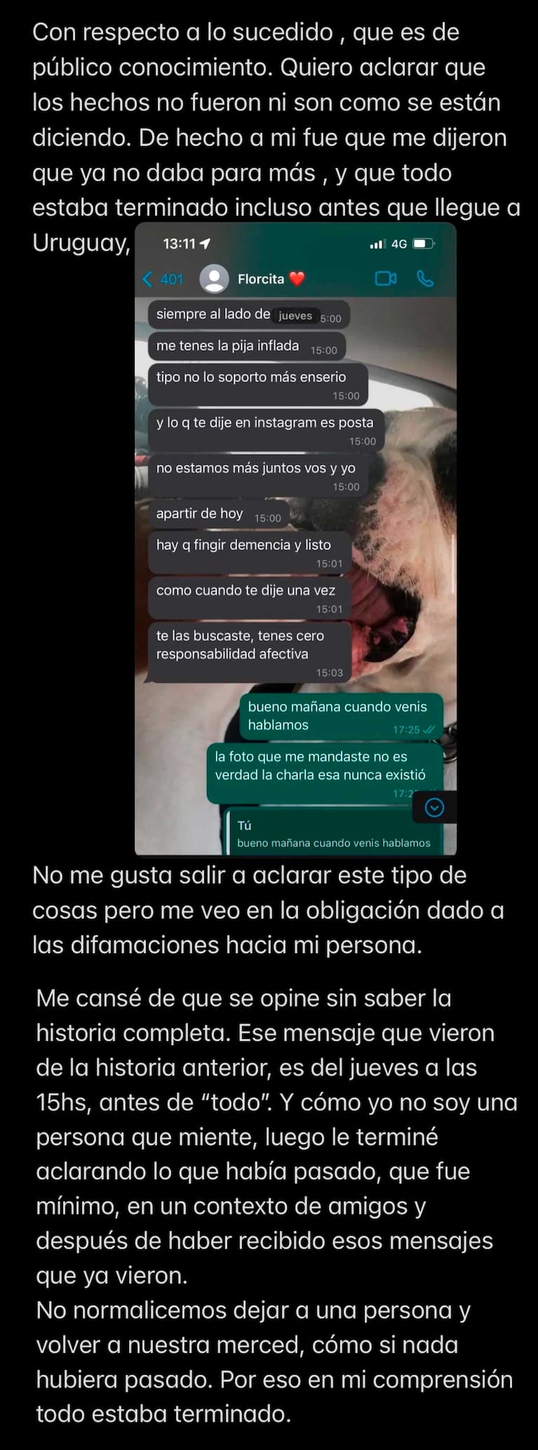 El chat entre Florencia Regidor y Nicolás Grosman que él compartió en sus redes sociales (Foto: Instagram)