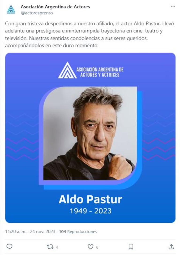 El comunicado de la Asociación Argentina de Actores por la muerte de Aldo Pastur. (Foto: Twitter/actoresprensa)