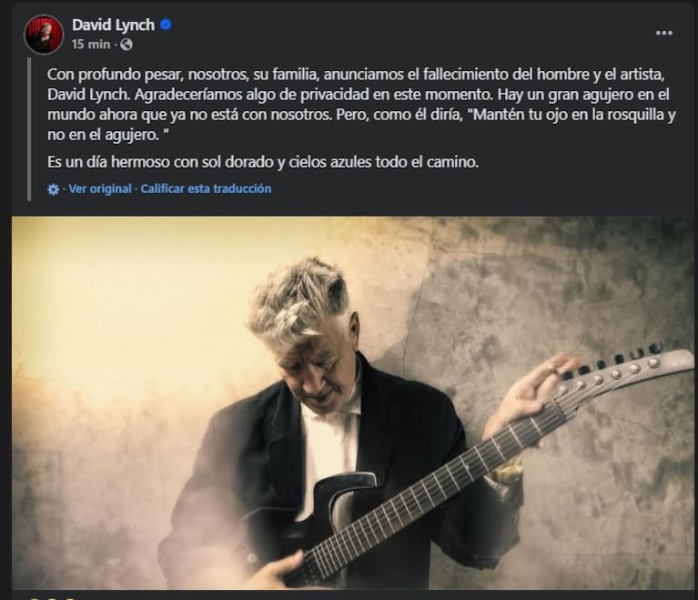 El comunicado de la familia de David Lynch. (Foto: Captura Facebook)