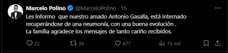 El comunicado de Marcelo Polino sobre la salud de Antonio Gasalla (Foto: captura de X).