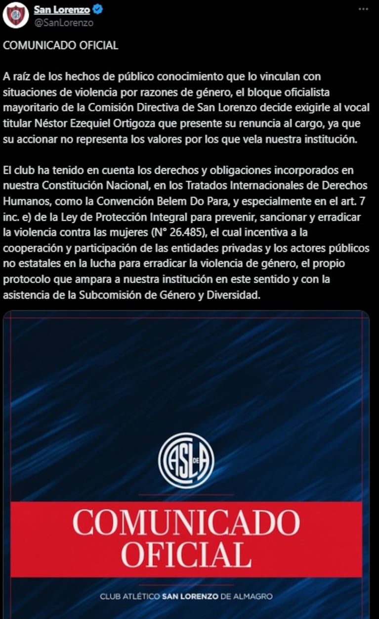 El comunicado de San Lorenzo tras la difusión de videos de Néstor Ortigoza en los que se lo ve maltratando a su expareja. (Foto: Sanlorenzo/X)