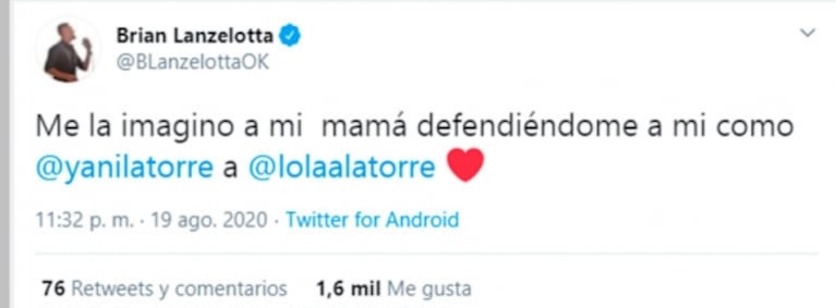 El conmovedor mensaje de Brian Lanzelotta ante la fuerte defensa de Yanina Latorre a su hija Lola: "Me la imagino a mi mamá defendiéndome así"