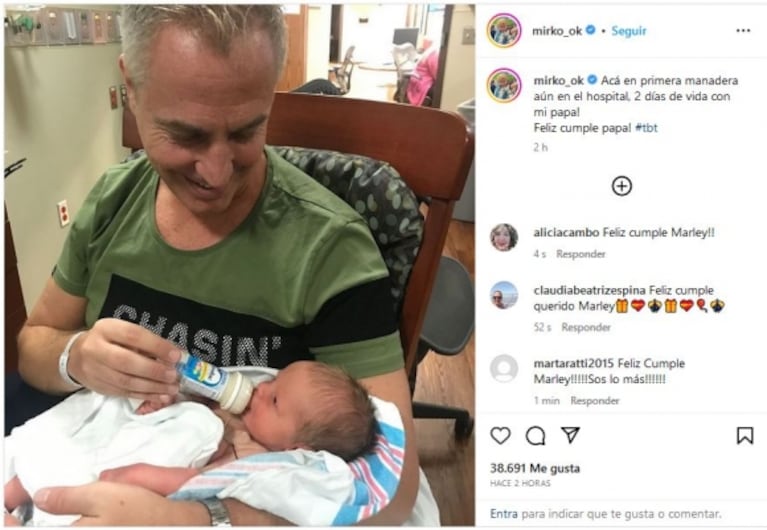 El conmovedor posteo de Mirko a Marley en su cumpleaños, con una foto retro: "Mi primera mamadera"