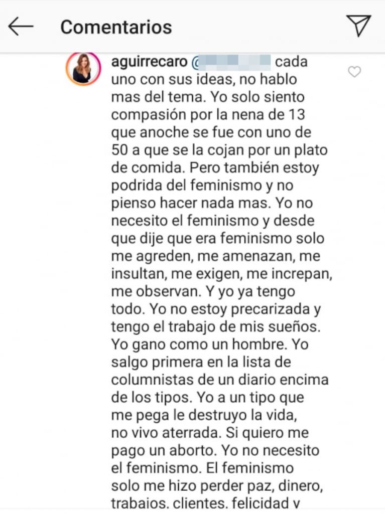 El controversial mensaje de Carolina Aguirre tras cruzar públicamente a Jimena Barón: "Yo no necesito el feminismo"